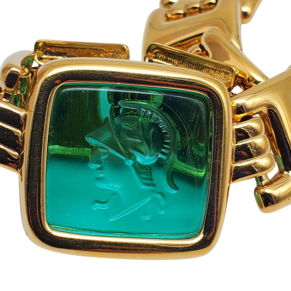 Monet Gold Choker Teal Glass‎ Intaglio Greek Key Necklace Roman Warrior Pendant